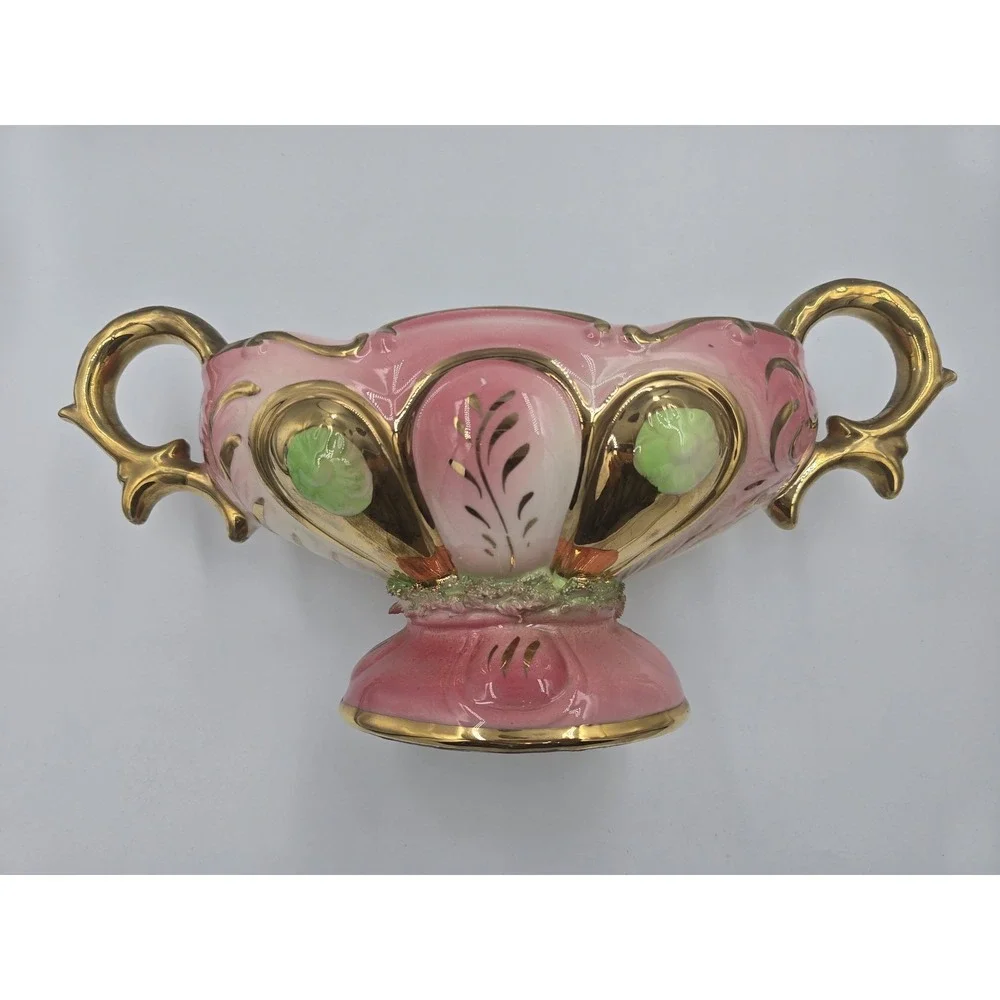 Vintage Ornate Pink & Gold Pedestal Vase Double Handled Centerpiece Bowl 10